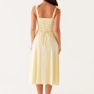 Peppermayo Lace-Up Back Tie-Shoulder Midi Dress in Pale Yellow